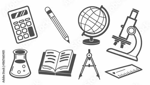 Education Icons Set Calculator Pencil Globe Microscope Flask Book Compass Ruler for School Learning Design Projects