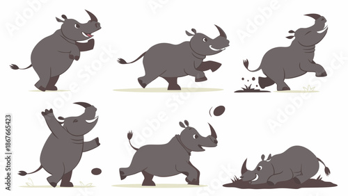 Playful Rhinoceros Character Set Joyful Animal Actions for Children's Book Design Web Animation or Educational Material