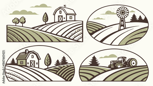 Rustic Farm Landscape Set Vintage Engraving Style Icons for Agriculture Branding Web Design Rural Harvest Banners