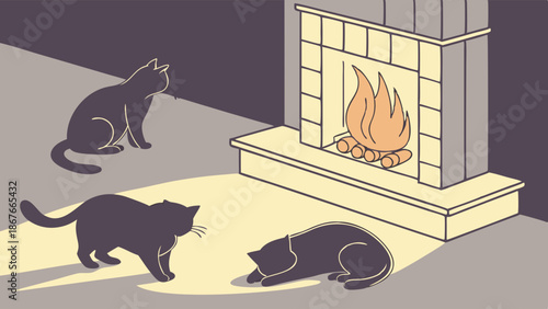 Cozy Black Cats Warming By Fireplace Hearth Illustrating Comfort Relaxation Winter Season Home Decor Website Banner