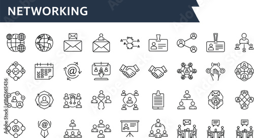 Business communication and teamwork icons set, collaboration contacts network outline vector collection