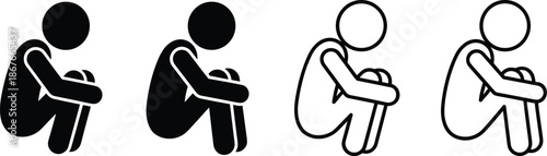 Sad sitting person silhouette illustration set showing solid and outline human figures, loneliness, depression, anxiety and emotional distress concept vector