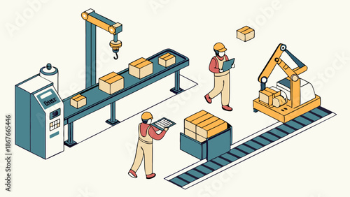 Automated Warehouse Logistics Conveyor System with Workers Inspecting Production Line for Manufacturing Efficiency