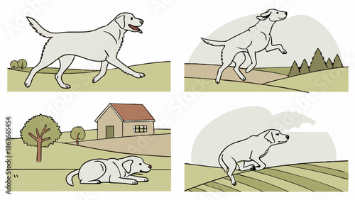Four Stages of Labrador Dog Movement Walking Running Resting Jumping Outdoor Countryside Farm Life Illustration