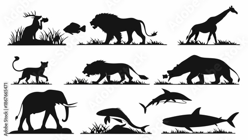 Diverse Wildlife Silhouette Collection Safari Zoo Nature Icons for Educational Design Projects and Environmental Web Graphics
