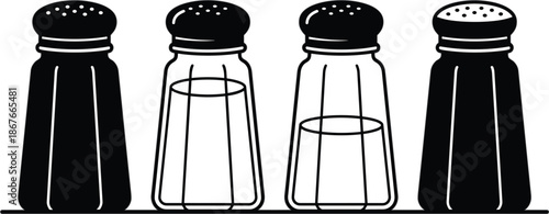 Salt and pepper shaker illustration set showing solid and outline condiment containers, table seasoning essentials for kitchen, dining and restaurant use