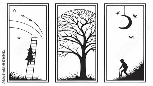 Life Stages Journey Metaphor Childhood Dreams Growth Aging Process Ascent Ladder Tree Moon Silhouette Illustration