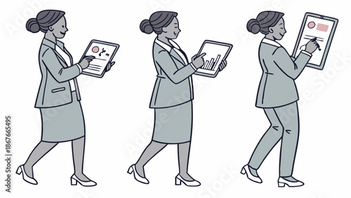 Confident Businesswoman Walking While Using Stylus on Tablet for Data Review and Presentation Design