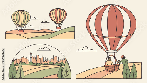 Hot Air Balloon Adventure Over Rolling Countryside Landscape for Travel Vacation Tourism Web Design Banners