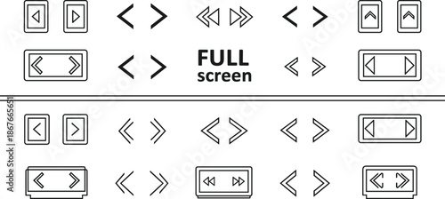 Full screen navigation arrows icons set, media player controls outline vector collection