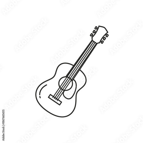 Acoustic guitar illustration in black outline, simple line art, isolated on white background