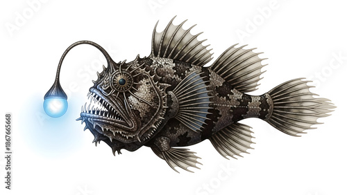 Realistic deep-sea anglerfish showing unique anatomy and textures. Ideal for science, ocean, and wildlife visuals.