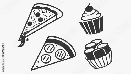Pizza Slices and Cupcakes Black and White Icons for Fast Food Delivery Menu Design or Celebration Graphics
