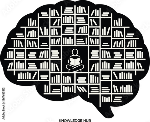 Stylized brain illustration filled with bookshelves and reading figure, ideal for education, learning, knowledge, or intellectual growth themes.