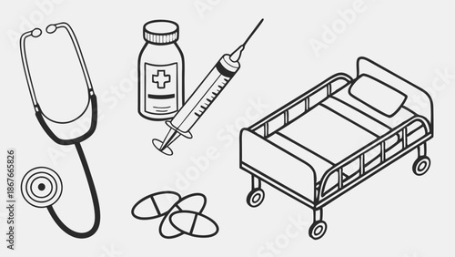 Medical Equipment Icons Stethoscope Pills Syringe and Hospital Bed for Healthcare Clinic Design and Patient Care Graphics