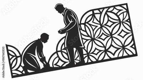 Silhouetted Mentor Guiding Apprentice Planting Seed in Ornate Islamic Geometric Pattern Background for Growth