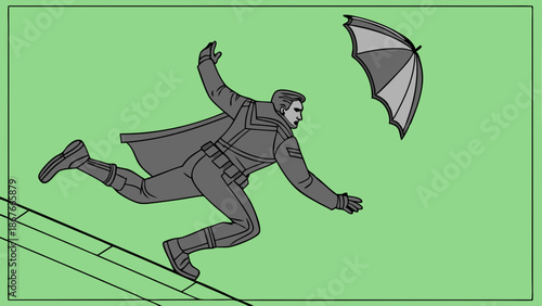 Man Losing Grip on Umbrella While Slipping on Wet Surface Dynamic Action Scene for Safety or Weather App Illustration