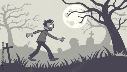 Spooky Zombie Walking Through Graveyard at Night for Halloween Party Flyer or Horror Game Design Background