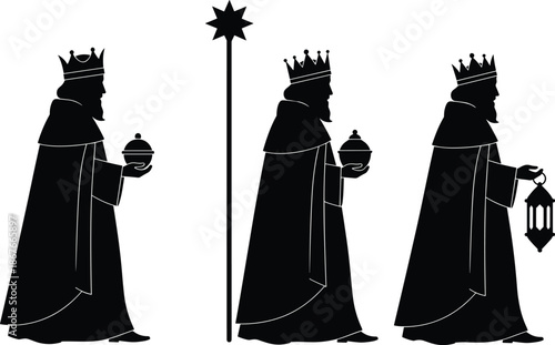 Three wise men silhouettes following the star, nativity story, Christmas tradition, biblical kings bearing gifts, black white illustrationWeb