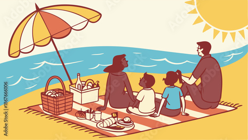 Family Enjoying Summer Beach Picnic Under Umbrella Seaside Vacation Relaxation Outdoor Leisure Activity Travel