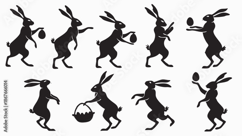 Easter Bunny Silhouettes Holding Eggs and Baskets for Spring Holiday Design Projects and Seasonal Web Graphics