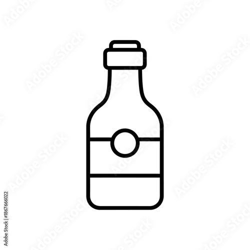 Minimalist outline icon of a glass bottle with a label, simple vector graphic for drinks