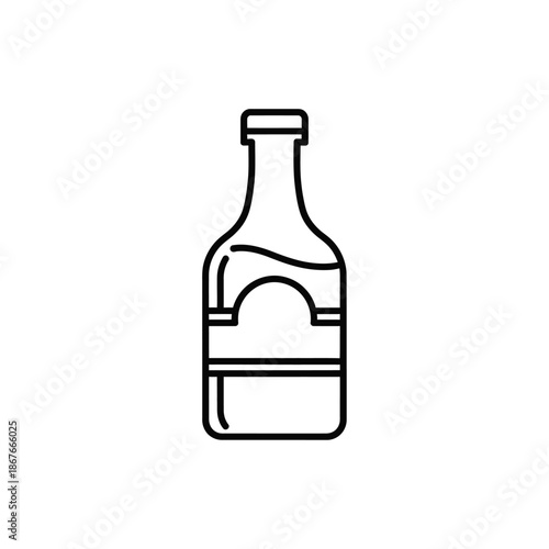 Minimalist outline icon of a glass bottle with a label, simple beverage container graphic