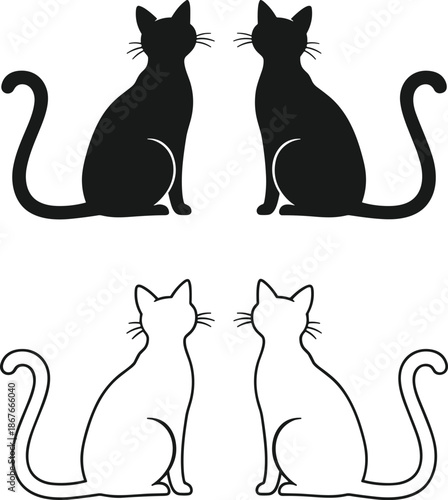 Two cats sitting together silhouette illustration showing solid and outline feline figures, symmetry, companionship and minimal pet design vectorWeb