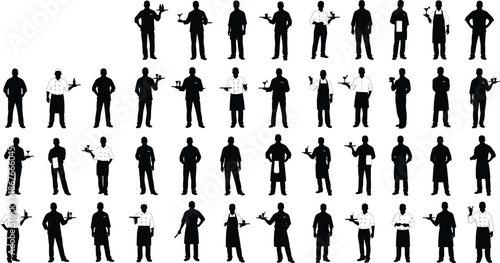 Waiter and waitress silhouettes set showing restaurant staff holding trays, menus and serving poses for hospitality, catering and food service concepts