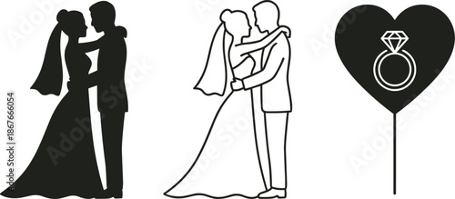 Wedding couple illustration showing solid and outline bride and groom embracing with engagement ring heart symbol, marriage and romance concept vector