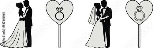 Wedding couple silhouette illustration set with bride and groom kissing, engagement ring heart symbols, marriage, love and romance concept vector