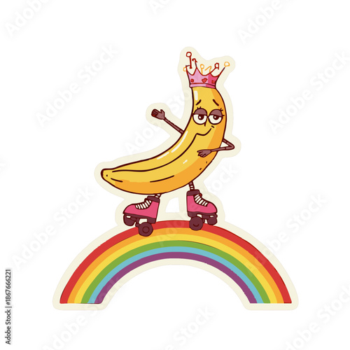 Surreal Silly Banana Skating on Spaghetti Rainbow Sticker - AI-Generated Vector Illustration
Description: Fun absurd surreal sticker featuring a banana roller-skating on a spaghetti rainbow. Perfect