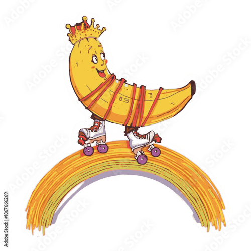 Surreal Silly Banana Skating on Spaghetti Rainbow Sticker - AI-Generated Vector Illustration
Description: Fun absurd surreal sticker featuring a banana roller-skating on a spaghetti rainbow. Perfect