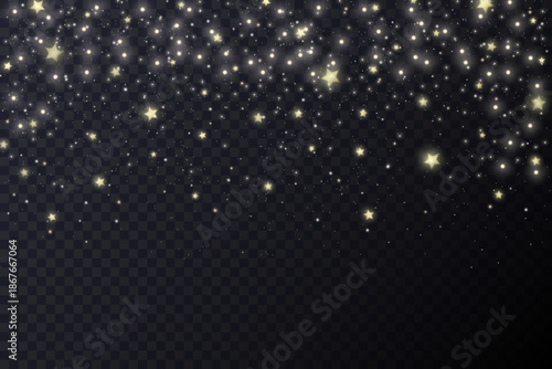Starry night vector background. Light transparent backdrop with cosmic shiny sparkles. Abstract galaxy space with glitter of golden twinkles. Deep outer space celestial bg