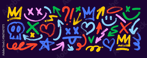 Funky bold brush drawn shapes and punk graffiti illustration. Hand drawn bold arrows, crowns, question mark, star and heart. Abstract vector ink illustration, grunge thick punk clip art.