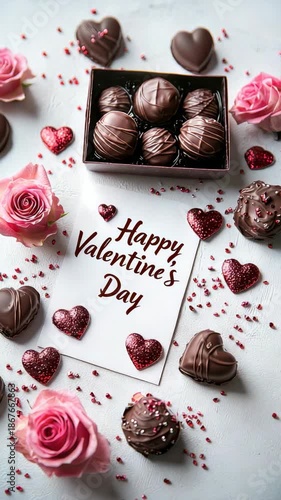 Celebrate Valentine with chocolates, hearts, and flowers arranged nicely on a white surface for the occasion