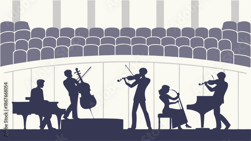 Silhouetted Classical Music Ensemble Performing Live Concert on Stage for Audience Event Promotion or Arts Website Design