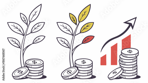 Growing Money Plant Investment Growth Financial Success Stacks Coins Rising Bar Chart for Savings Portfolio Development