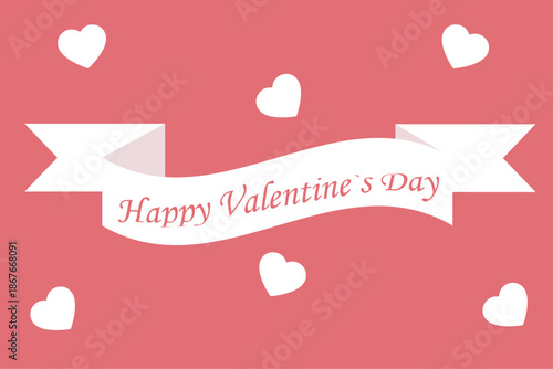 Valentine’s Day greeting with white ribbon and scattered hearts on pink background in cute flat design