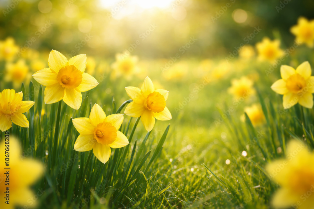 Fototapeta premium Daffodils blooming in a sunny spring garden, floral background for St David's Day celebration.