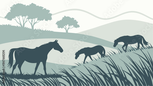 Serene Silhouette Horses Grazing in Rolling Pasture Landscape for Ranching Agriculture or Nature Web Design Backgrounds