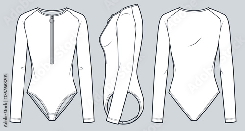 Women Long Sleeve Bodysuit with Front Zipper Technical Fashion Illustration. Raglan Sleeve Swimsuit fashion flat technical drawing template, front, side and back view, white, women CAD mockup.