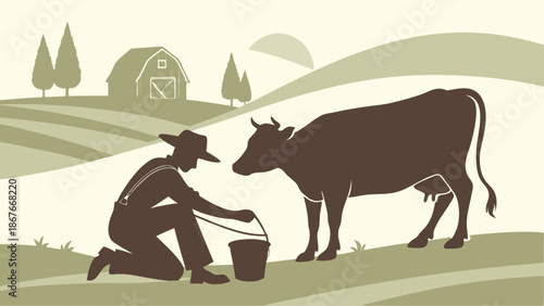 Rustic Farmer Milking Dairy Cow in Field near Barn for Organic Farm Fresh Milk Production Agriculture