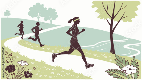 Active Runners Jogging on Sunny Park Trail for Health Fitness Wellness Website Banner or Spring Season Advertisement