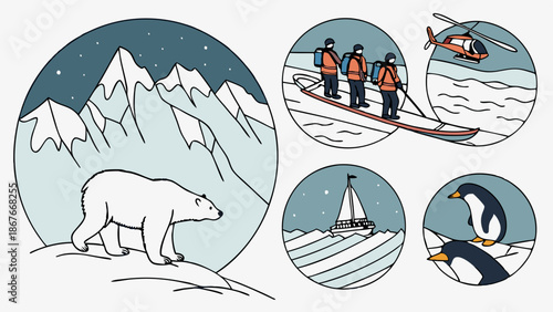 Polar Expedition Icons Set Arctic Wildlife Exploration Travel Adventure Tourism Website Design Elements