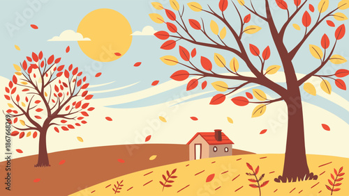 Autumn Landscape with Falling Leaves and Cozy House for Seasonal Greeting Cards Web Banners Seasonal Sales Promotions