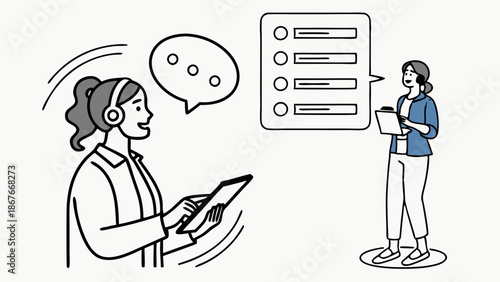 Customer Service Agent Wearing Headset Typing on Tablet Reporting Data Checklist for Remote Support and Client Feedback