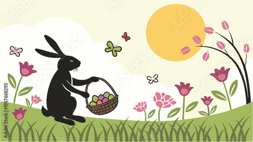 Easter Bunny Silhouette Hiding Colorful Eggs in Spring Meadow for Holiday Greeting Card Design or Seasonal Promotion