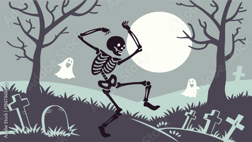 Dancing Skeleton in Spooky Graveyard with Ghosts Under Full Moon for Halloween Party Flyer Design
