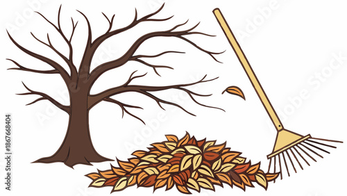 Seasonal Fall Cleanup Illustration Rake And Pile Of Autumn Leaves Under Bare Tree Home Maintenance And Gardening Chores